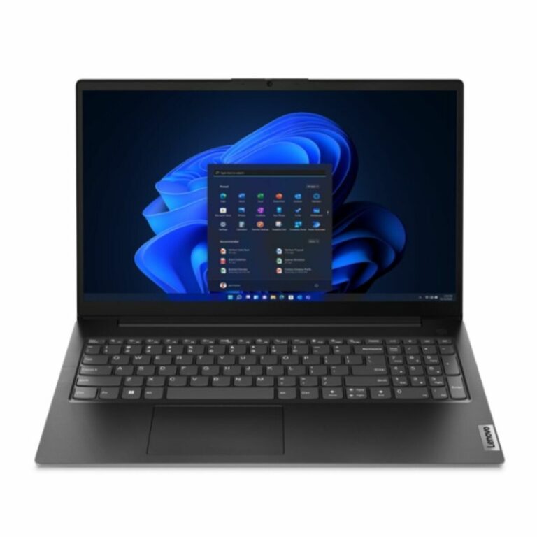 Schwarzer Laptop mit geöffnetem Windows-Betriebssystem auf blauem Hintergrund.