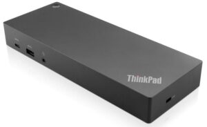 Schwarze ThinkPad-Dockingstation mit verschiedenen Anschlüssen, rechteckiges Design.