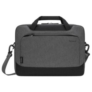 Graue Laptoptasche mit Schulterriemen und zusätzlicher Fronttasche.