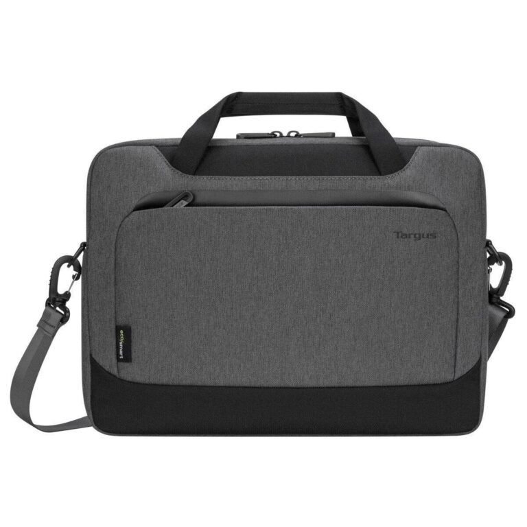 Graue Laptoptasche mit Schulterriemen und zusätzlicher Fronttasche.