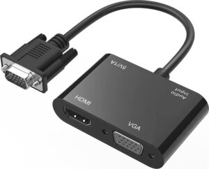 Schwarzer Adapter mit VGA-Stecker und HDMI-Anschluss auf weißem Hintergrund.