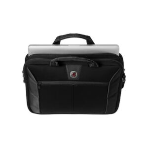 Schwarze Laptop-Tasche mit Reißverschlüssen und einem herausragenden Laptop sichtbar.