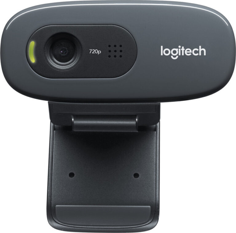 Schwarze Logitech-Webcam mit 720p-Auflösung und Befestigungsclip. Schwarze Logitech-Webcam mit 720p-Auflösung und Befestigungsclip.