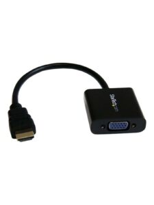 HDMI-zu-VGA-Adapter mit schwarzem Kabel und Steckverbindern auf weißem Hintergrund.