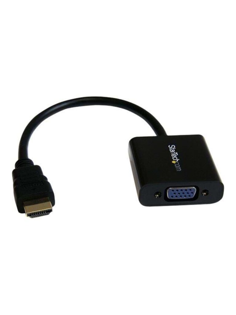 HDMI-zu-VGA-Adapter mit schwarzem Kabel und Steckverbindern auf weißem Hintergrund.
