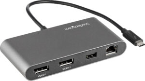 USB-C-Adapter-Hub mit mehreren Anschlüssen und schwarzem Kabel.