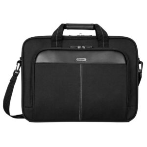 Schwarze Laptoptasche mit Reißverschluss, Schulterriemen und Tragegriff.