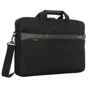 Schwarze Laptop-Tasche mit Schulterriemen und Tragegriffen, EcoSmart-Label sichtbar.