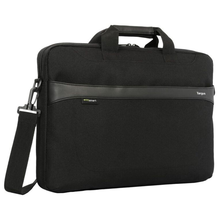 Schwarze Laptop-Tasche mit Schulterriemen und Tragegriffen, EcoSmart-Label sichtbar.