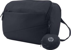 Schwarze Tasche von HP mit Reißverschluss und abnehmbarer Tasche.