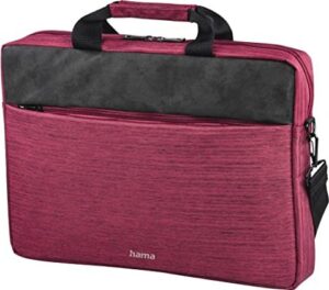 Rote und schwarze Laptop-Tasche mit Tragegriff und Außentasche.