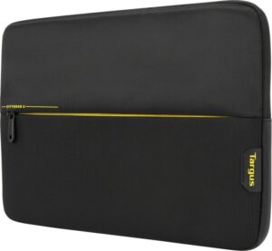 Schwarze Laptop-Hülle mit gelbem Reißverschluss und Targus-Logo.