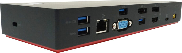 Schwarze Anschlussstation mit verschiedenen Anschlüssen, einschließlich USB, HDMI und Ethernet.