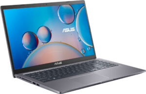 Silberner Asus Laptop mit geöffnetem Bildschirm und Tastatur.