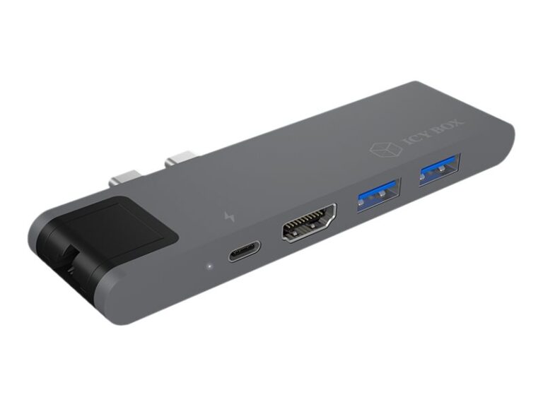Grauer USB-Hub mit HDMI-, USB-, und USB-C-Anschlüssen.