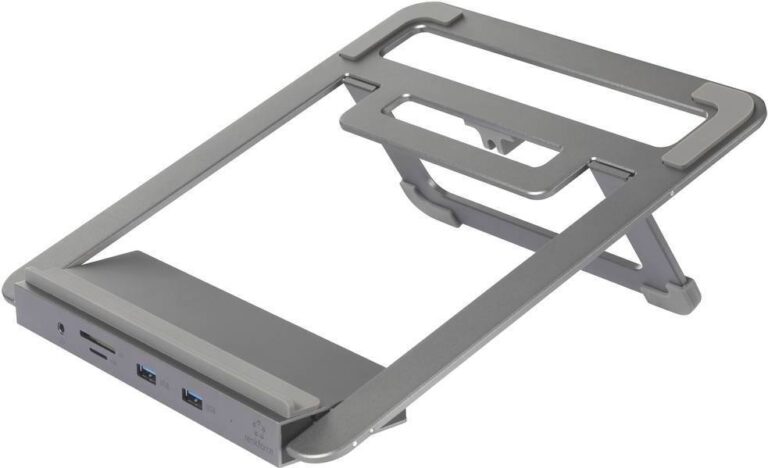Faltbarer Aluminium-Laptopständer mit USB-Anschlüssen und ergonomischer Bauweise.