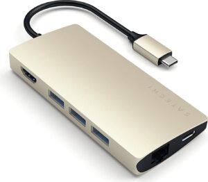 USB-C-Hub mit HDMI, USB-Anschlüssen und Ethernet-Port in Metallic-Finish.