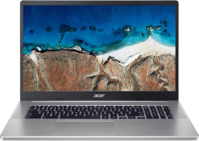 Acer Laptop mit großem Bildschirm, Laptop-Display zeigt Küstenlinie.