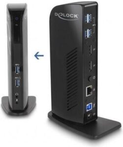 Schwarze Dockingstation mit verschiedenen Anschlüssen, einschließlich USB, HDMI und Ethernet.