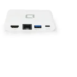 Weißer Adapter mit HDMI-, USB-, Ethernet- und USB-C-Anschlüssen vor weißem Hintergrund.