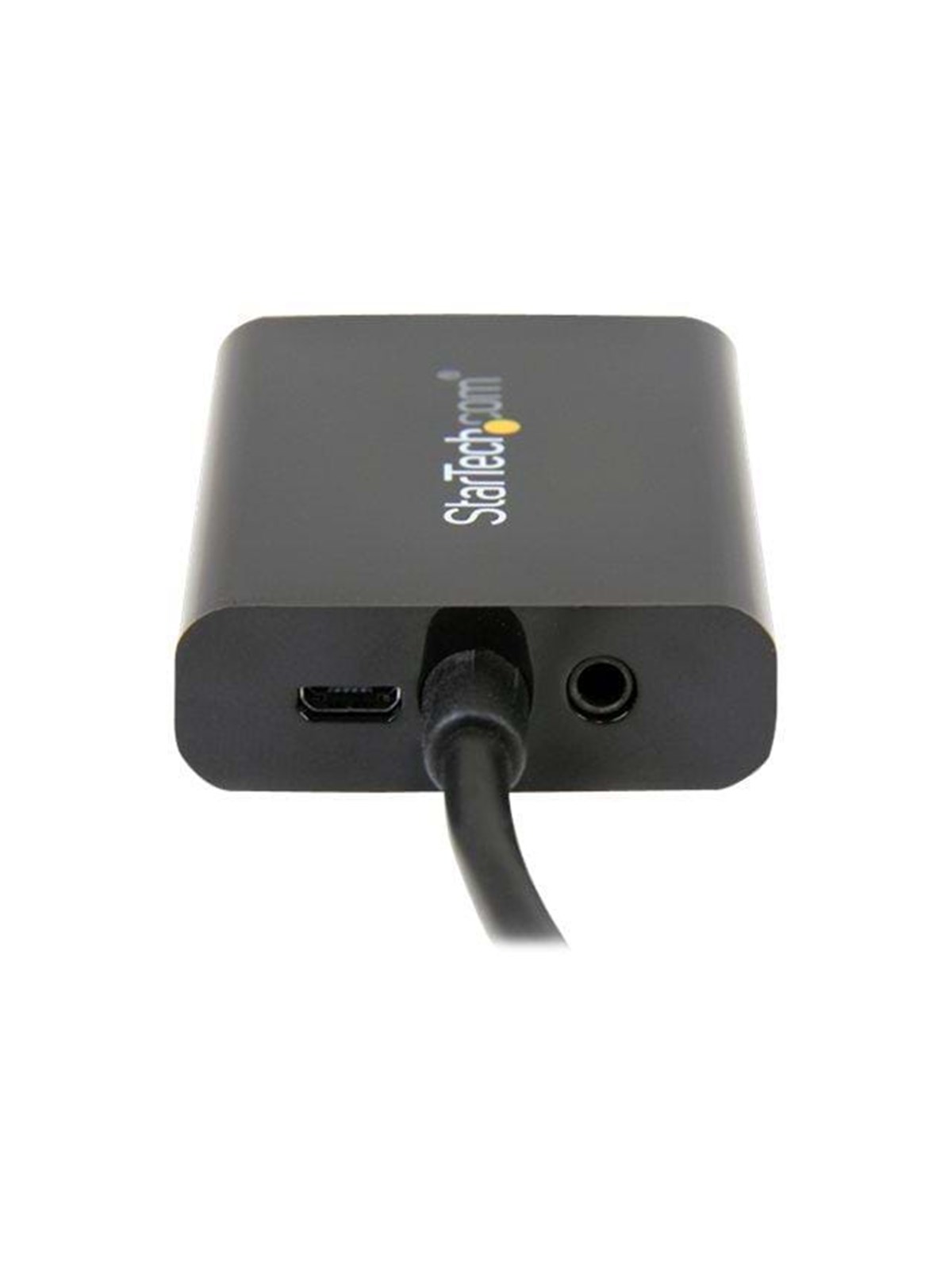 Schwarzer Adapter mit USB-C-Anschluss und Audiobuchse, auf einem weißen Hintergrund.