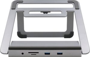 Laptopständer aus Aluminium mit USB-Anschlüssen und einem minimalistischen Design.