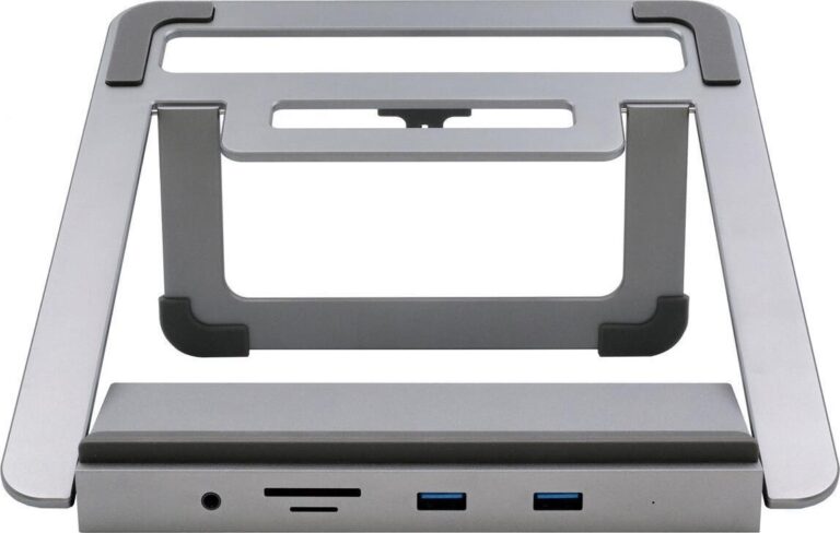 Laptopständer aus Aluminium mit USB-Anschlüssen und einem minimalistischen Design.