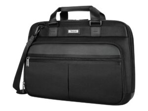 Schwarze Laptoptasche mit Schultergurt und Reißverschlussfächern.