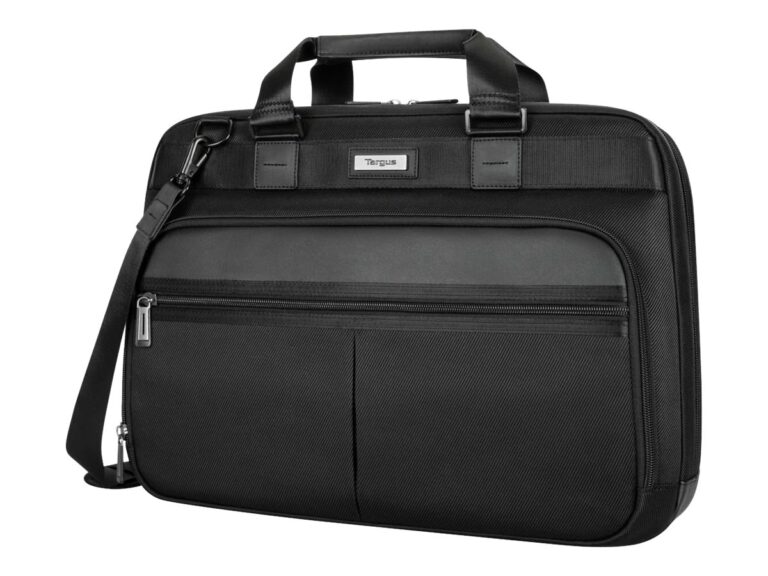 Schwarze Laptoptasche mit Schultergurt und Reißverschlussfächern.