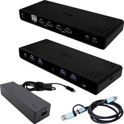 Schwarze Dockingstation mit USB- und HDMI-Anschlüssen, Kabeln und Netzteil, auf weißem Hintergrund.