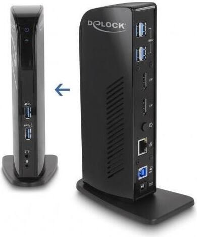 Schwarze Dockingstation mit verschiedenen Anschlüssen, einschließlich USB, HDMI und Ethernet. Schwarze Dockingstation mit verschiedenen Anschlüssen, einschließlich USB, HDMI und Ethernet.