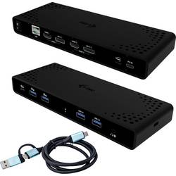 Schwarze Dockingstation mit mehreren Anschlüssen und einem USB-Kabel.