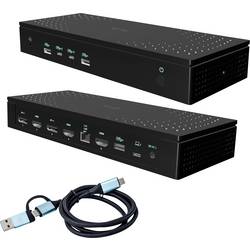 Zwei schwarze Dockingstationen mit mehreren Anschlüssen und einem USB-Kabel.