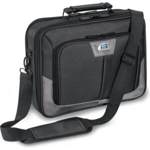 Schwarze Laptoptasche mit Schulterriemen vor weißem Hintergrund.