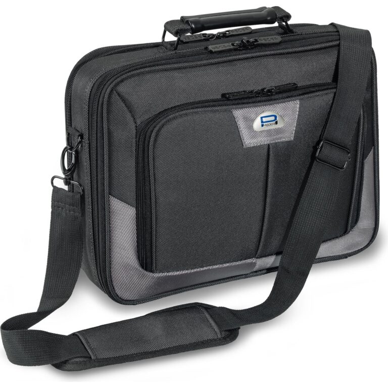 Schwarze Laptoptasche mit Schulterriemen vor weißem Hintergrund.