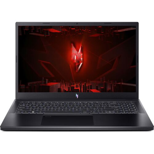 Schwarzer Laptop mit beleuchteter Tastatur und rotem geometrischem Bildschirmhintergrund.