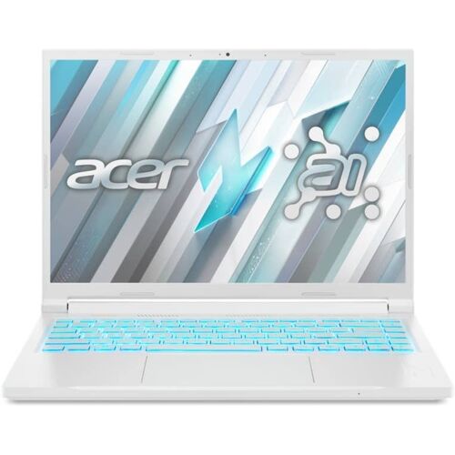 Weißer Acer Laptop mit beleuchteter blauer Tastatur und Grafik auf dem Bildschirm.