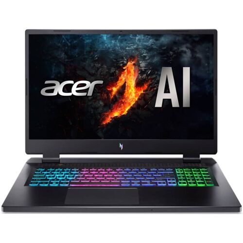 Gaming-Laptop mit bunter Tastatur und Feuerhintergrund auf dem Bildschirm.