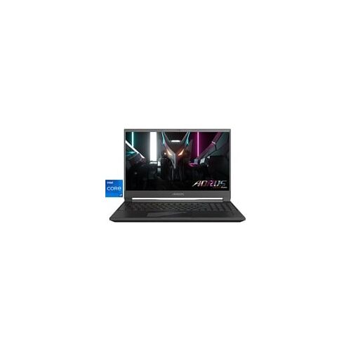 Gaming-Laptop AORUS auf weißem Hintergrund mit sichtbar beleuchtetem Bildschirm.