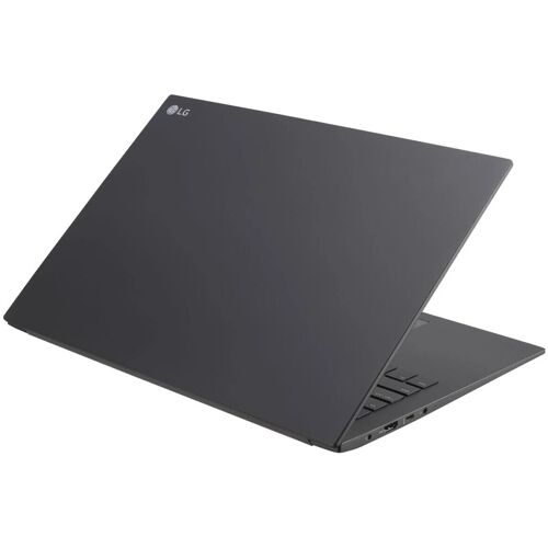 Schwarzer Laptop von LG in geöffneter Position, seitliche Ansicht.