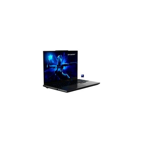 Geöffneter Laptop mit blauem Gaming-Bildschirm, seitliche Ansicht.