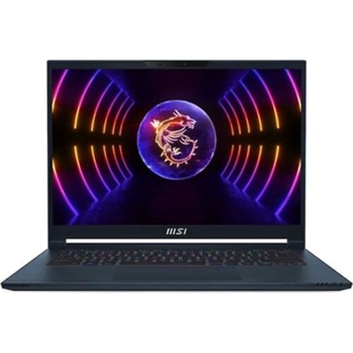 Schwarzer Gaming-Laptop mit leuchtendem Bildschirm und Logo.