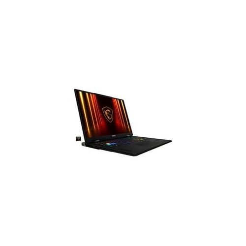 Schwarzer Gaming-Laptop mit beleuchtetem Bildschirm und sichtbarer Tastatur.
