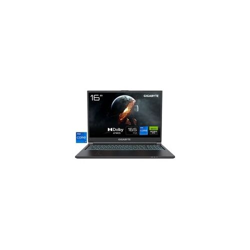 Laptop mit 16-Zoll-Display, Gigabyte-Logo und Intel Core Badge auf weißem Hintergrund.
