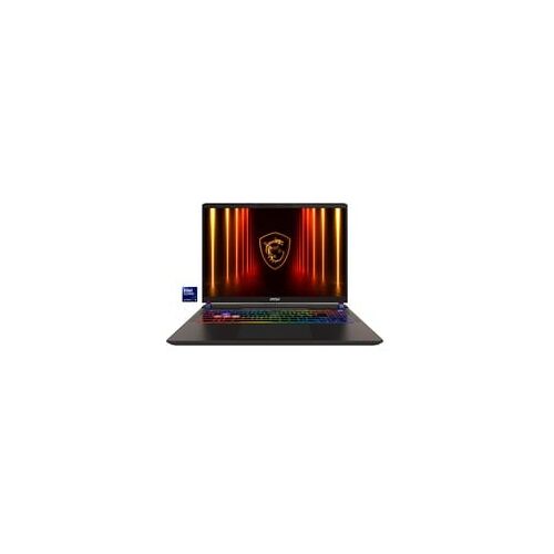 Gaming-Laptop mit RGB-Tastatur und MSI-Logo auf dem Bildschirm.