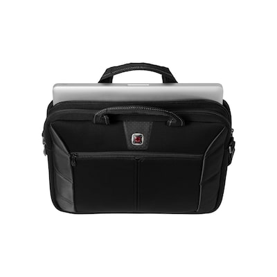 Schwarze Laptop-Tasche mit Reißverschlüssen und einem herausragenden Laptop sichtbar.