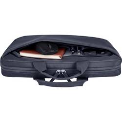 Geöffnete schwarze Laptoptasche mit Laptop und Zubehör innenliegend.