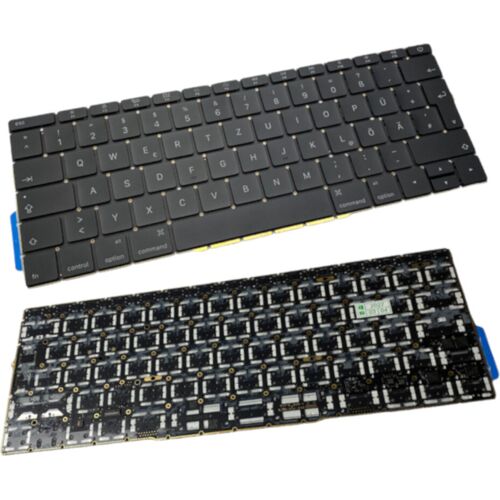 Zwei Ansichten einer Laptop-Tastatur im QWERTZ-Layout, Vorderseite und Rückseite.