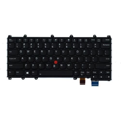Schwarze Laptop-Tastatur mit rotem Trackpoint und Funktionstastenreihe.