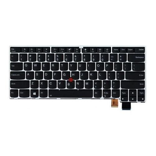 Schwarze Laptop-Tastatur mit QWERTY-Layout und rotem Trackpoint in der Mitte.
